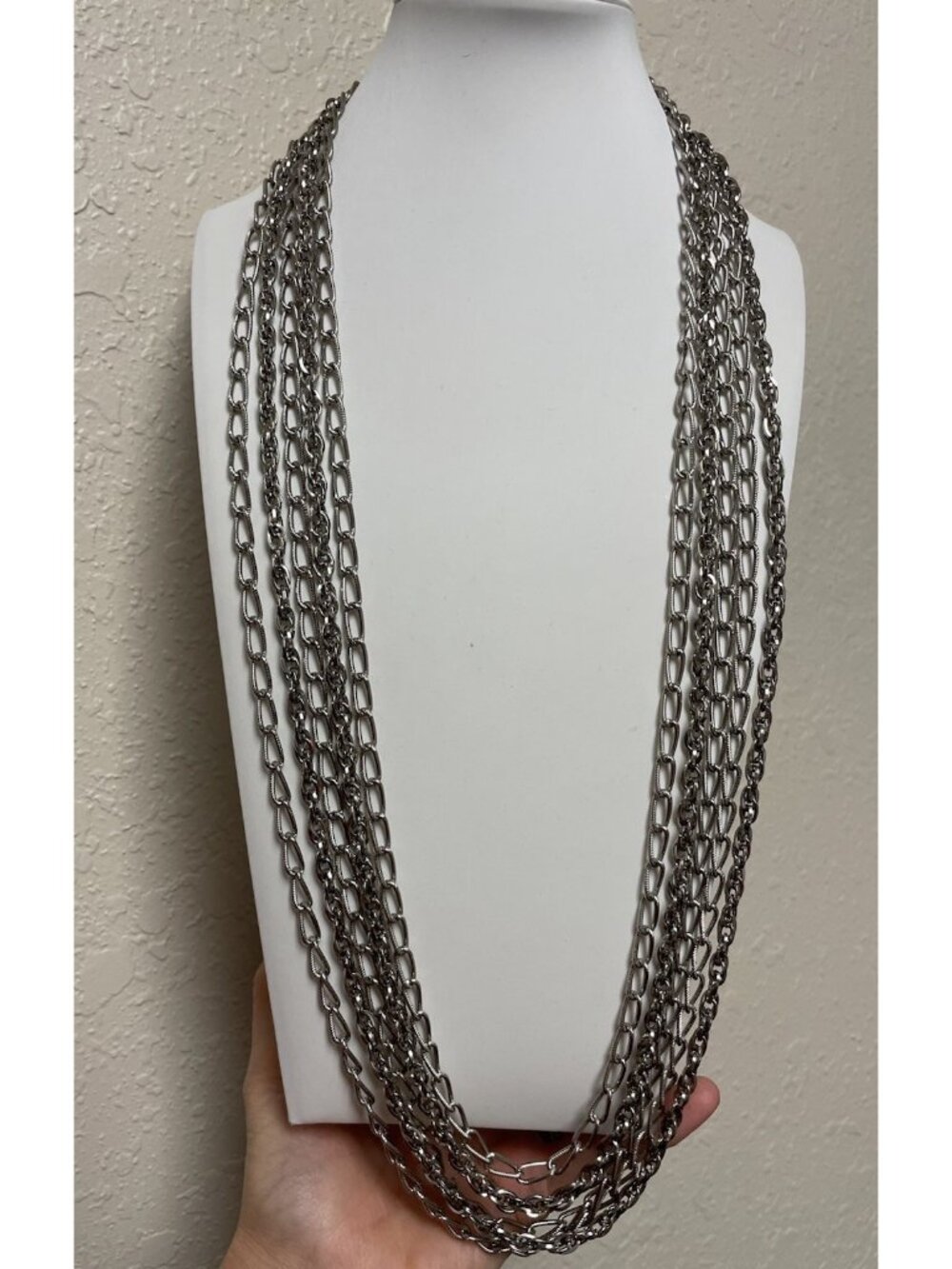 Vintage 5 Stand Silver-Tone Multi-Strand Chain Necklace 31-33”